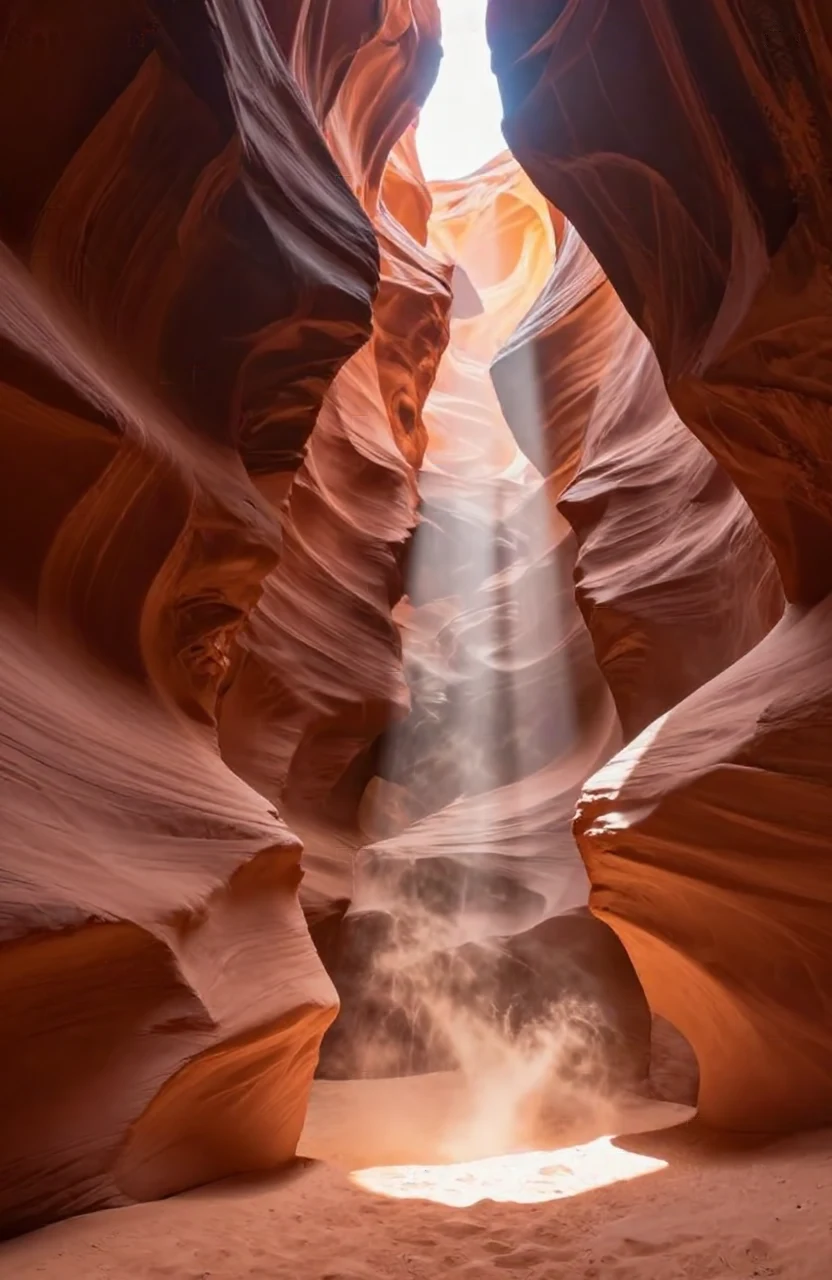 Slot canyon in Arizona, beams of sunlight falling through a narrow opening onto sculpted red sandstone walls, swirling textures, dust in the air