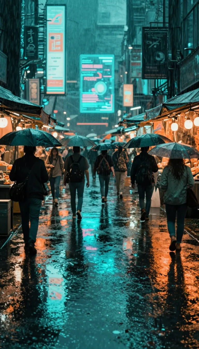 A cyberpunk street market in heavy rain, holographic advertisements reflected in puddles, crowds with umbrellas, teal and orange color grade, cinematic