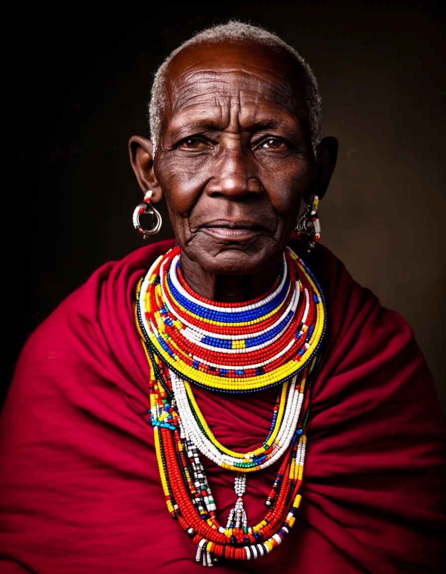 Studio portrait of a Maasai elder wearing vibrant beaded jewelry, deep red cloth, dark backdrop, Rembrandt lighting, ultra detailed skin texture