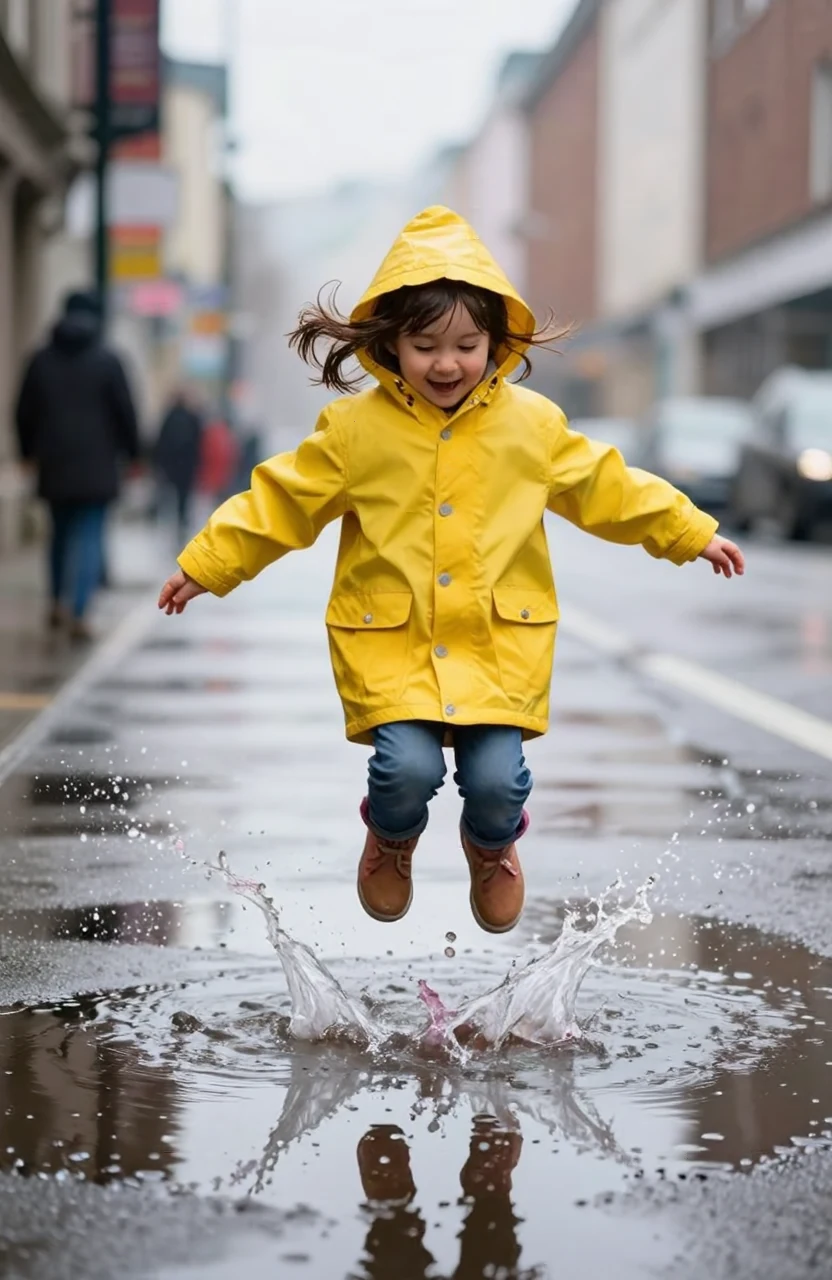 A little girl in a yellow raincoat jumping into a puddle, splashes frozen in motion, rainy city street, joyful candid photograph