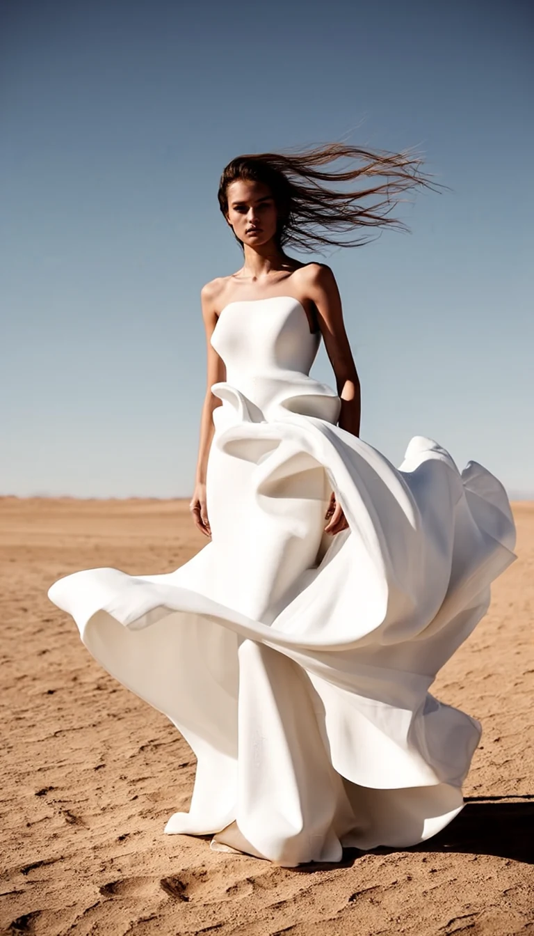 Fashion editorial photograph of a model in a sculptural white dress standing in the desert, strong wind blowing the fabric, minimal composition, harsh sunlight