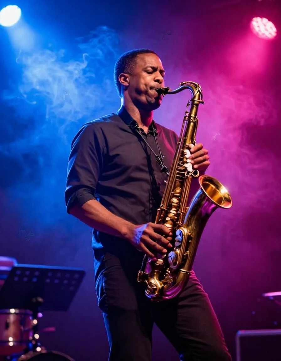 Portrait of a jazz saxophonist on stage bathed in blue and magenta spotlights, smoke in the air, motion and emotion, concert photography