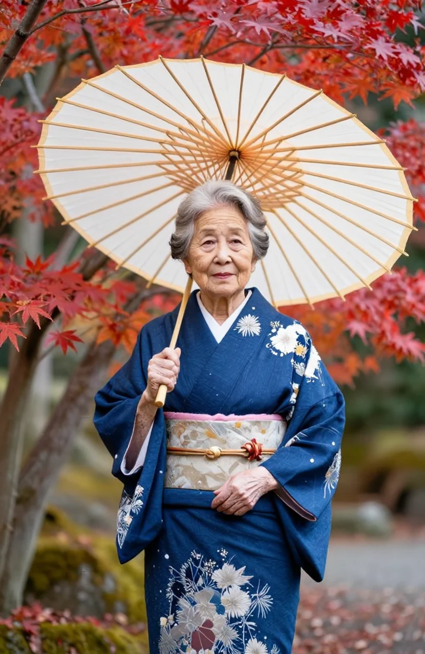 An elderly Japanese woman in an elegant indigo kimono holding a paper umbrella in a garden of red maple leaves, soft autumn light