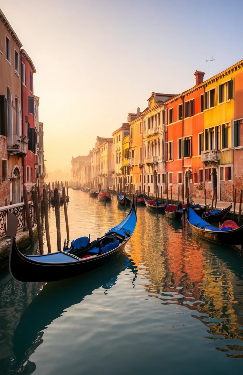 A Venetian canal at dawn with gondolas moored by colorful old buildings, still water, soft golden light, nobody around