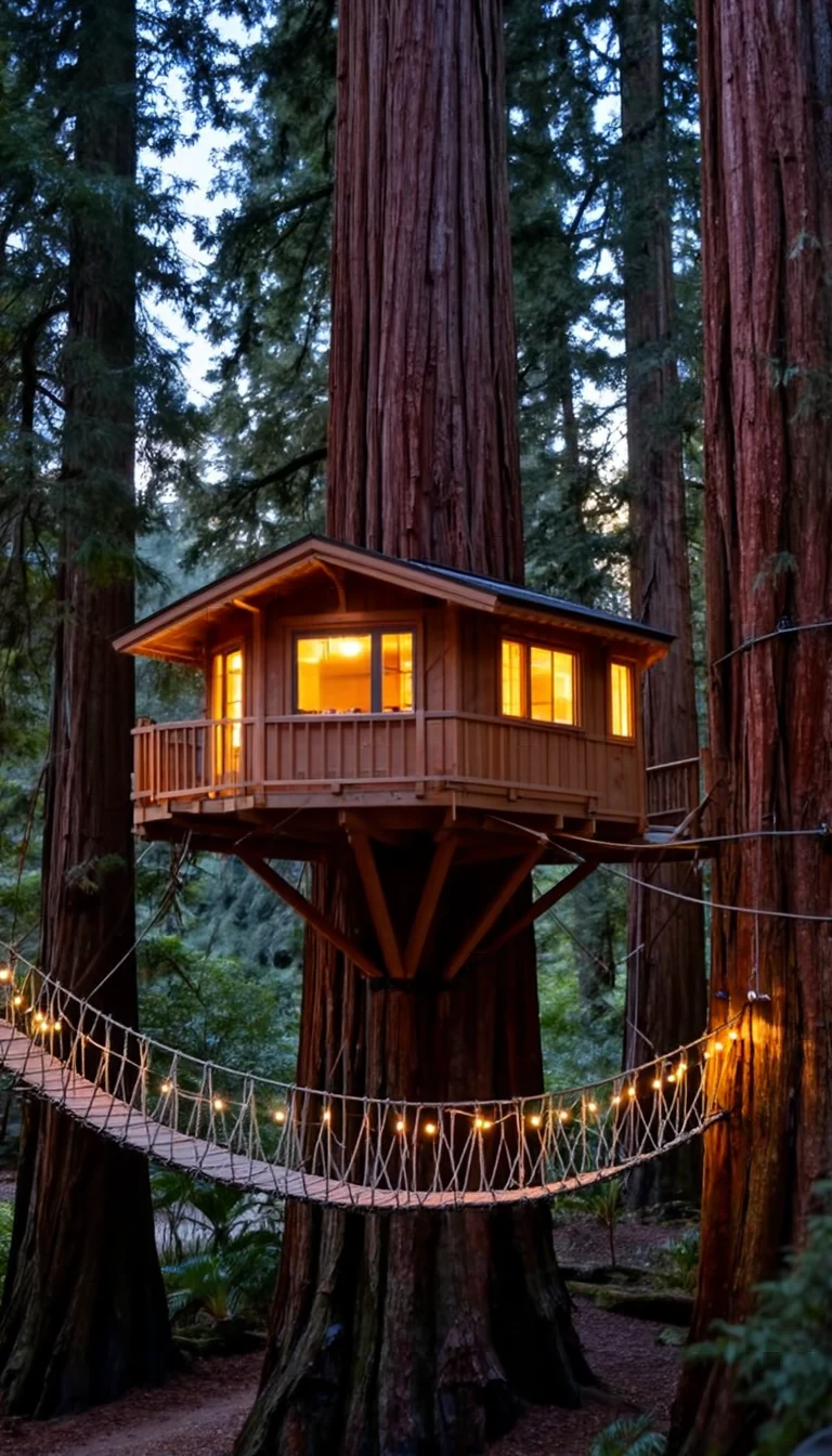 A tiny treehouse hotel suspended among giant redwood trees, glowing windows at dusk, rope bridges, fairy lights