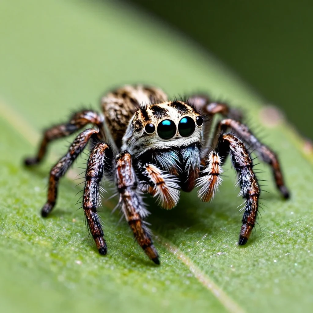 Macro photograph of a jumping spider with huge glossy eyes, iridescent hairs, perched on a green leaf, extreme detail