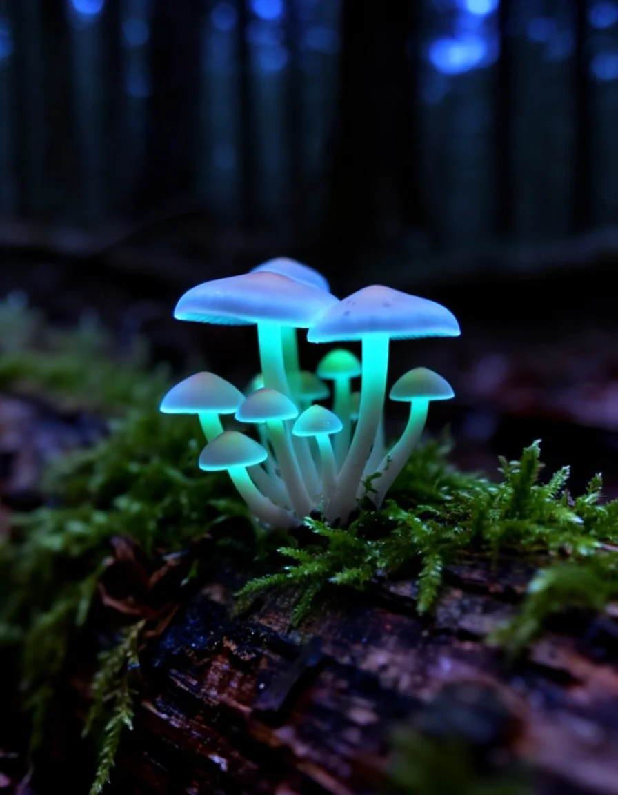 Tiny mushrooms glowing in the dark on a mossy log in a forest at night, bioluminescent fungi, macro photograph