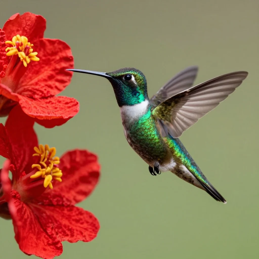 A hummingbird hovering near a vivid red flower, iridescent emerald feathers, wings frozen in motion, high speed photograph