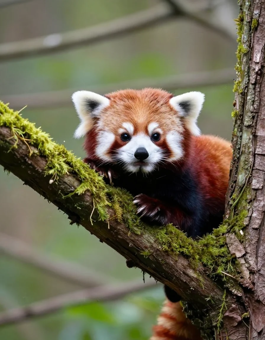 A curious red panda peeking out from a tree branch covered in moss, soft forest background, adorable wildlife photograph