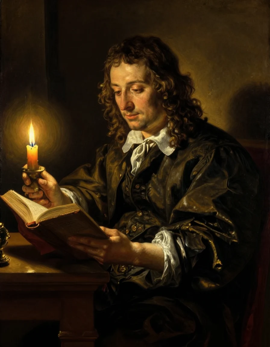 A Baroque oil painting of a candlelit scholar reading an old book, deep shadows and warm golden light, chiaroscuro, museum masterpiece