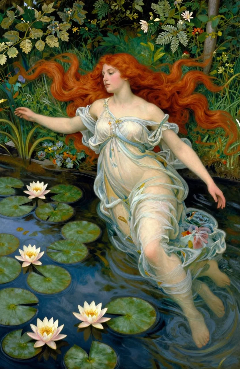 A Pre-Raphaelite painting of a woman with flowing red hair floating among water lilies in a stream, lush detailed foliage