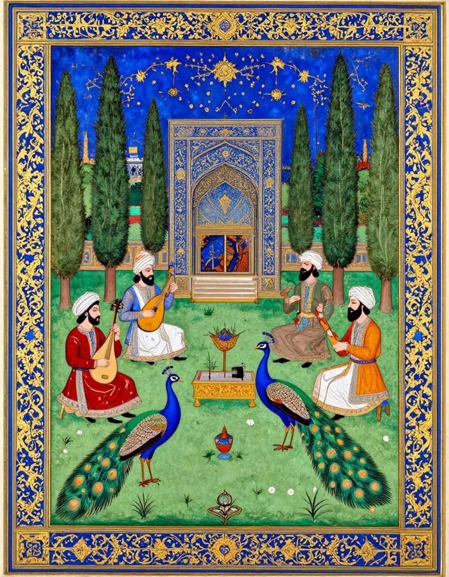 A Persian miniature painting of a royal garden with musicians, peacocks and cypress trees, intricate patterns, lapis blue and gold