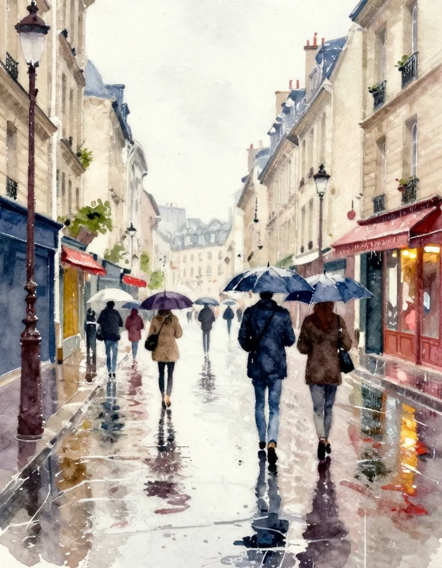 A loose watercolor painting of a rainy street in Paris with people holding umbrellas, soft bleeding colors, wet reflections