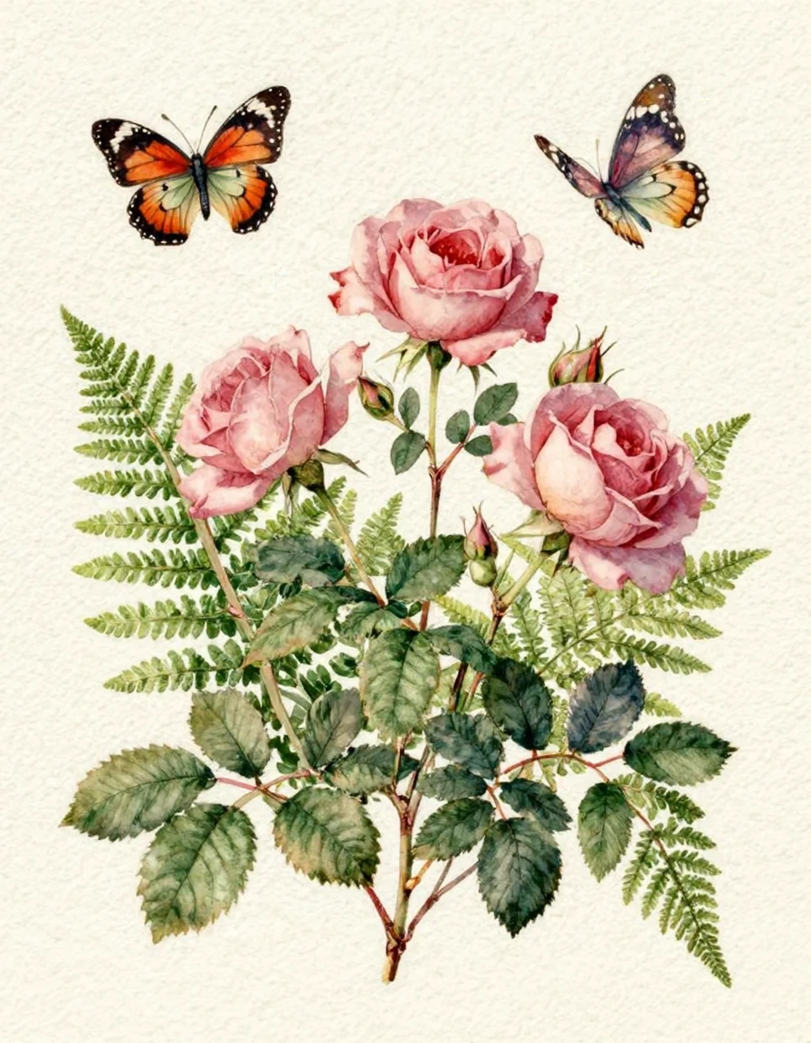 A botanical watercolor illustration of wild roses, ferns and butterflies, delicate detail on textured cream paper