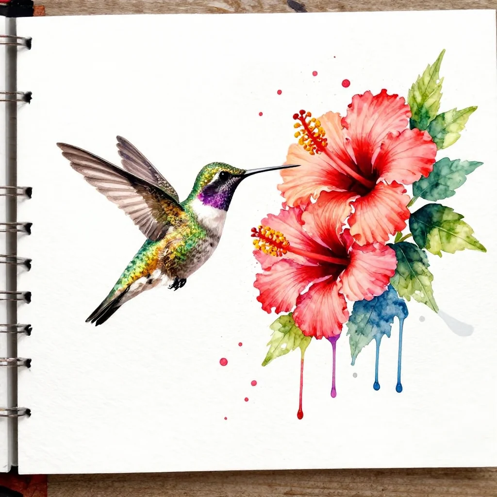 A watercolor of a hummingbird and hibiscus flowers with vibrant splashes and paint drips on white paper