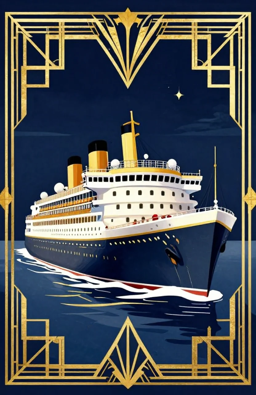 An art deco illustration of a luxury ocean liner at night, geometric patterns, gold and navy palette, elegant and glamorous