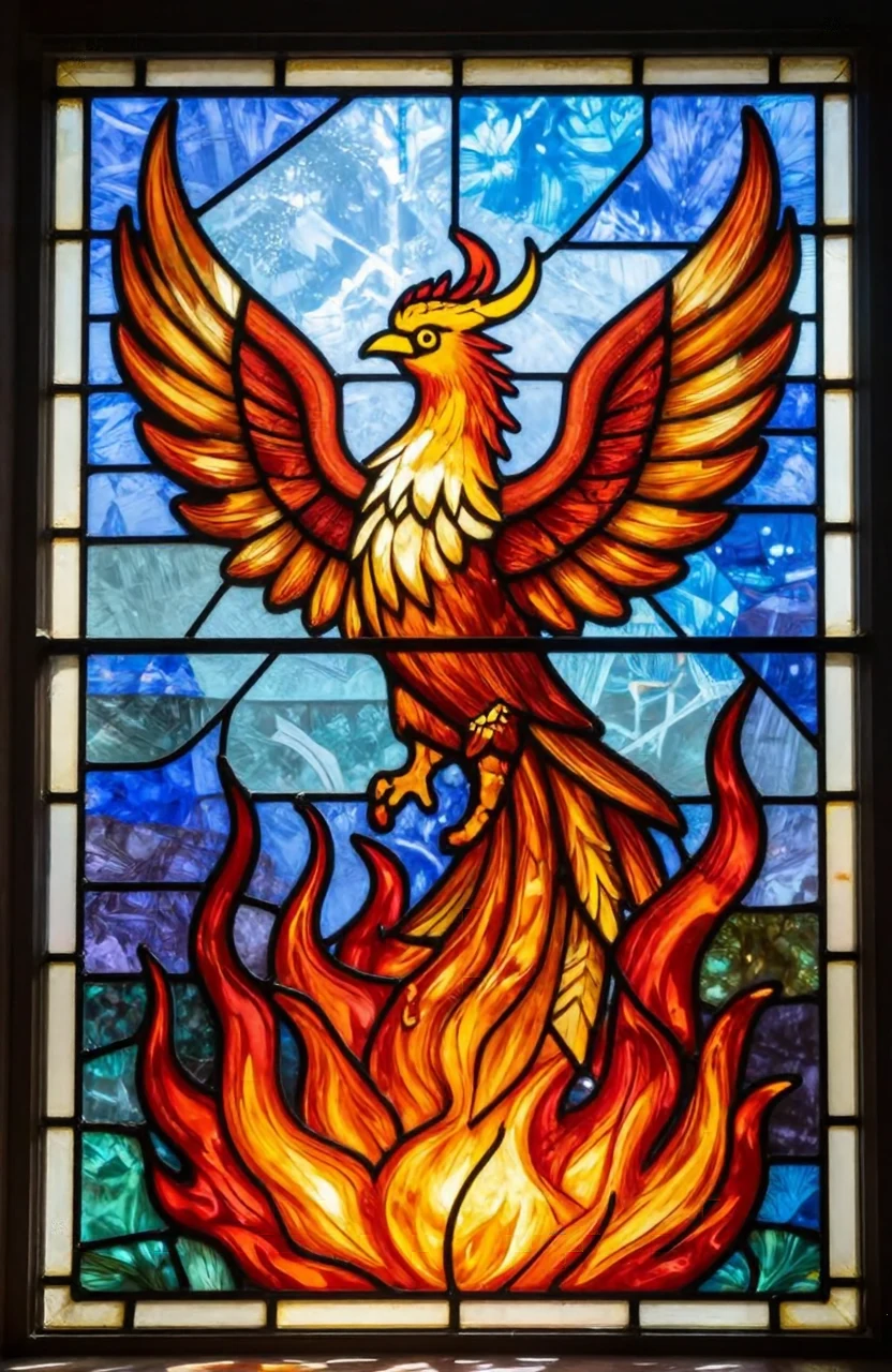 A stained glass window depicting a phoenix rising from flames, vivid jewel tones, sunlight shining through, lead lines