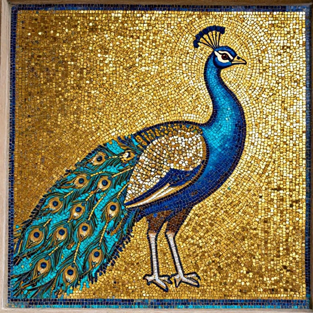 A Byzantine-style mosaic of a peacock made of tiny gold and turquoise tiles, shimmering texture