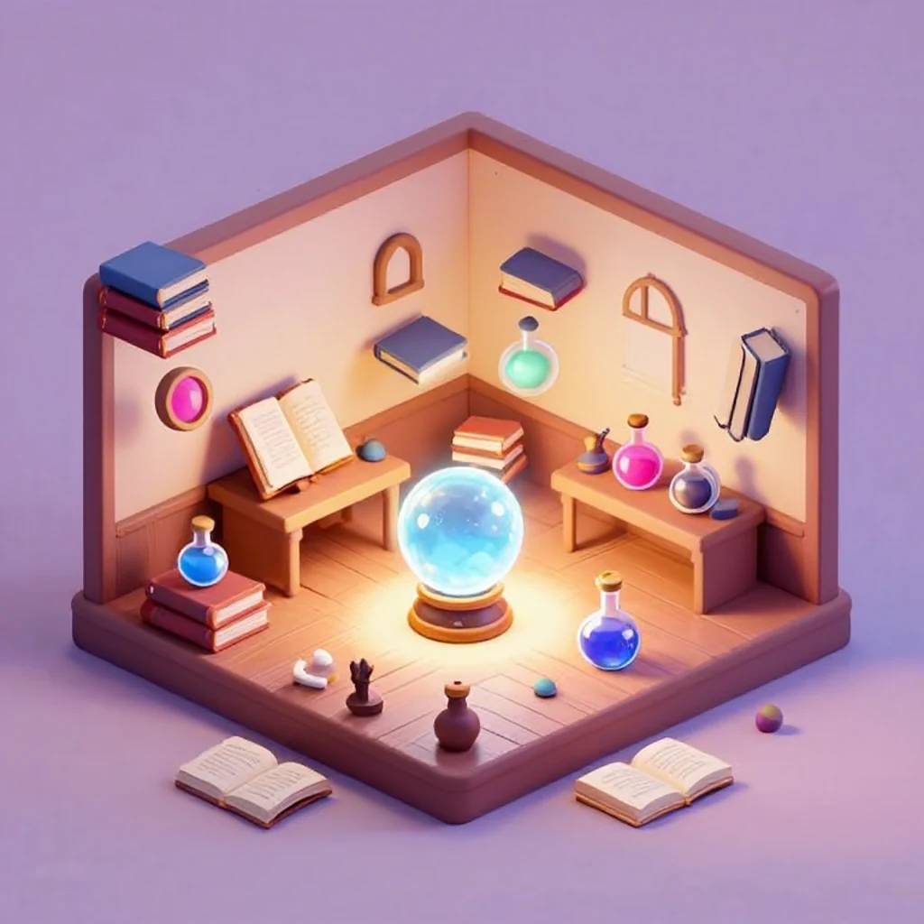 An isometric 3D render of a cozy wizard's study with floating books, potions and a glowing crystal ball, soft lighting, pastel colors