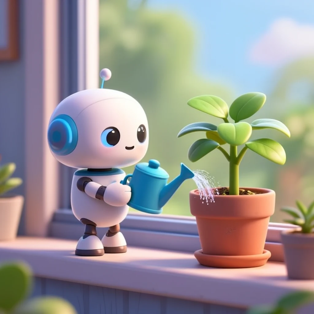 A cute 3D character of a small robot watering a plant on a windowsill, Pixar style rendering, soft global illumination