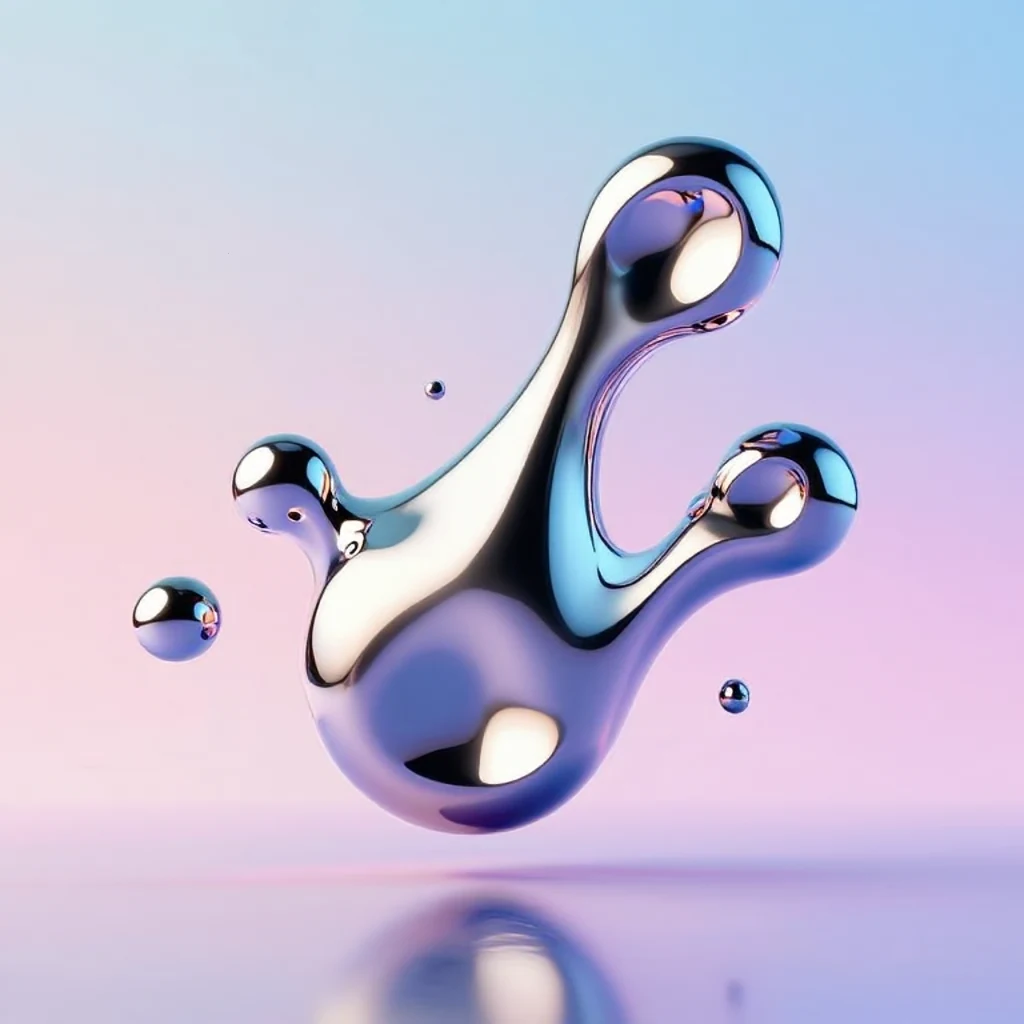 A glossy 3D render of abstract liquid chrome shapes floating against a pastel gradient, reflections, minimal design