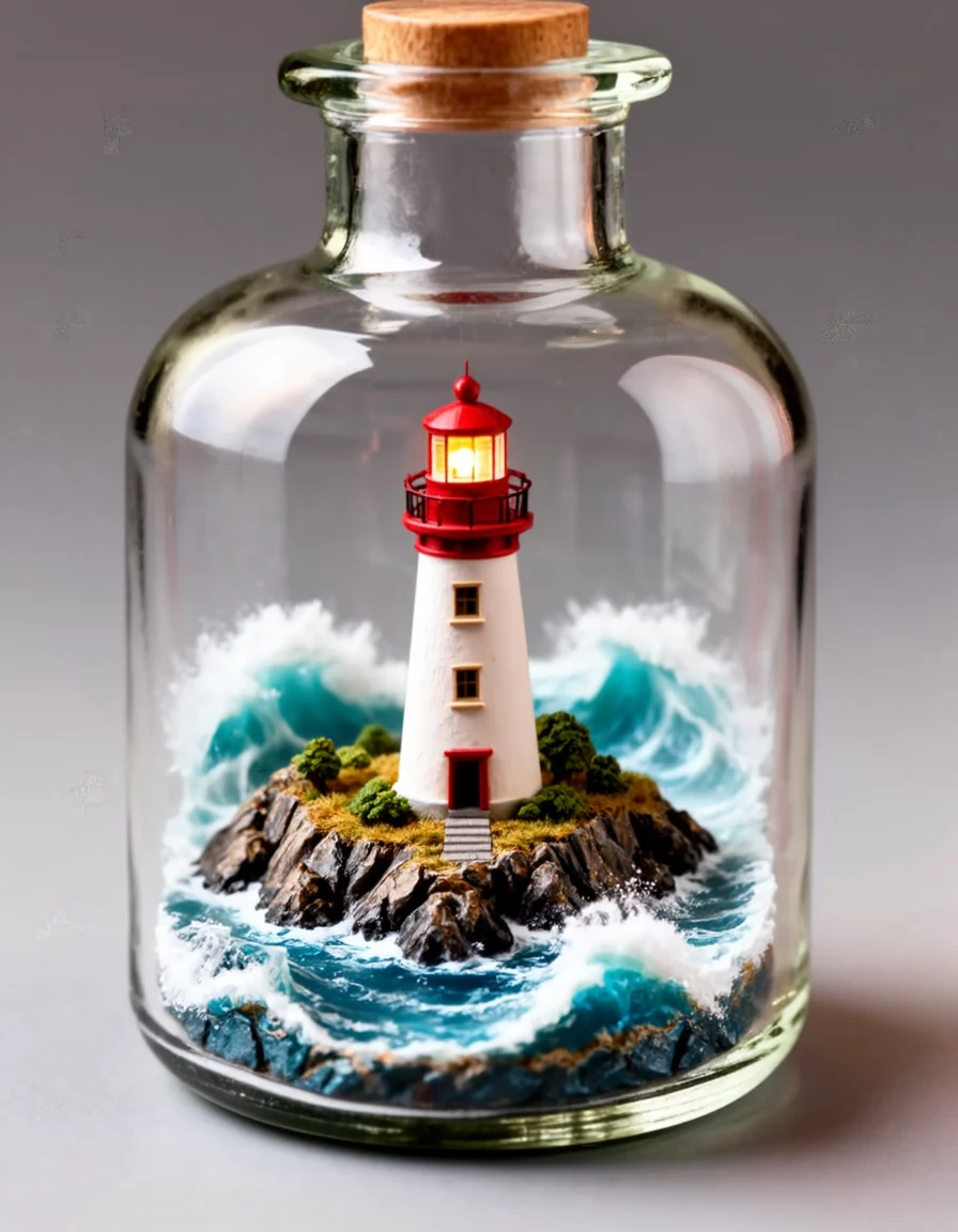 A diorama inside a glass bottle containing a tiny lighthouse on a rocky island with crashing waves, detailed miniature