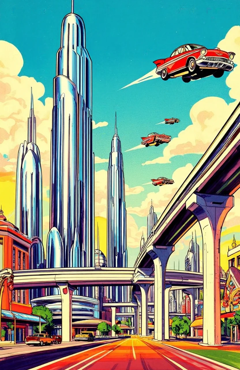A retro-futuristic 1950s style city with chrome towers, monorails and flying cars, bright optimistic colors, pulp illustration