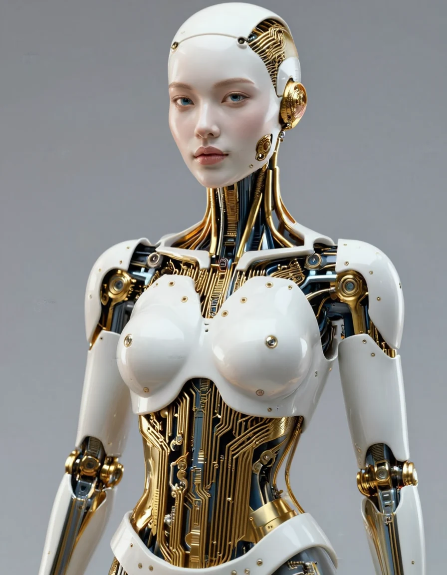 A biomechanical android woman with porcelain skin and exposed golden circuitry, intricate detail, studio portrait