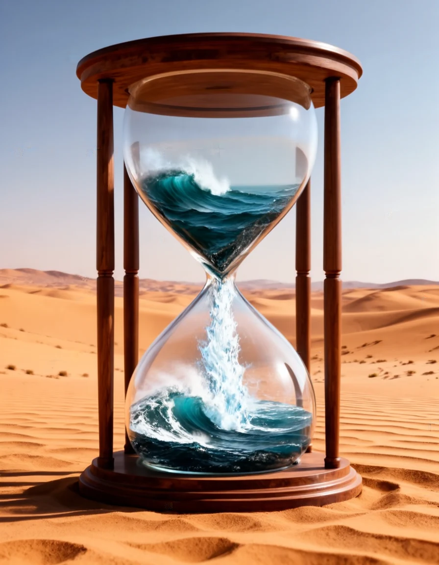 A giant hourglass in a desert with an ocean inside it, waves pouring through the neck, surreal photograph