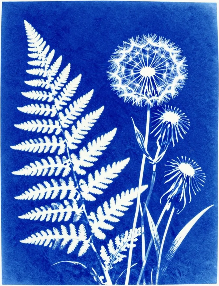 A cyanotype print of ferns and dandelions, deep Prussian blue with white botanical silhouettes, paper texture