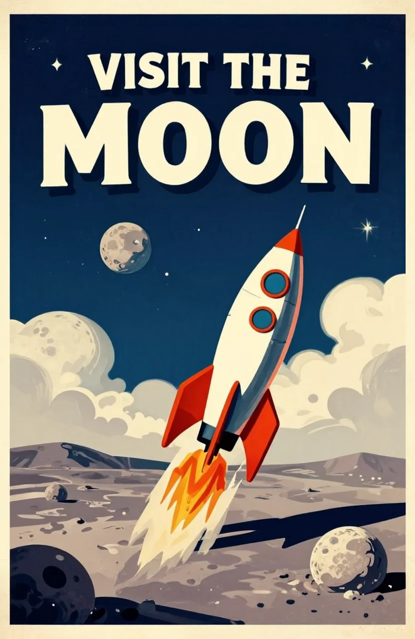 A vintage travel poster that reads "VISIT THE MOON" with a retro rocket and lunar landscape, bold 1950s typography