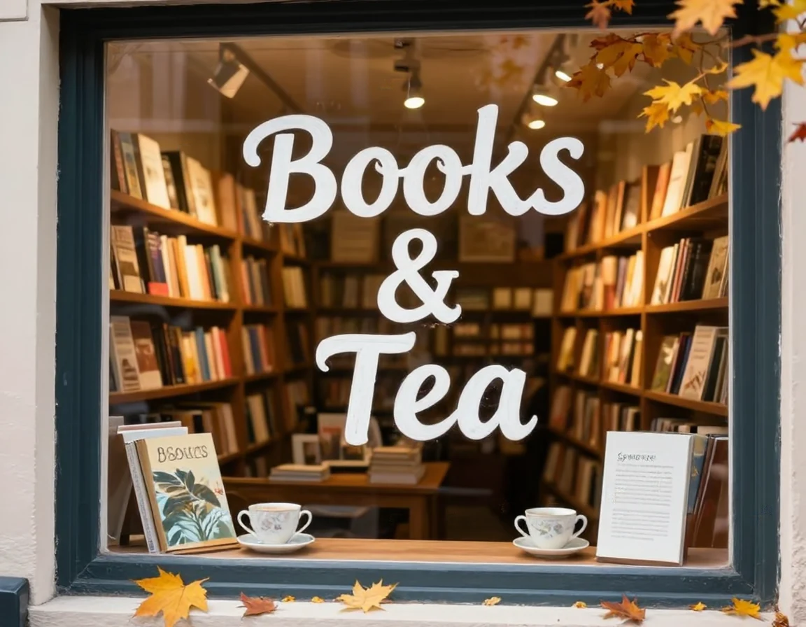A cozy bookstore window with a hand-painted sign that reads "Books & Tea", warm interior light, autumn leaves outside