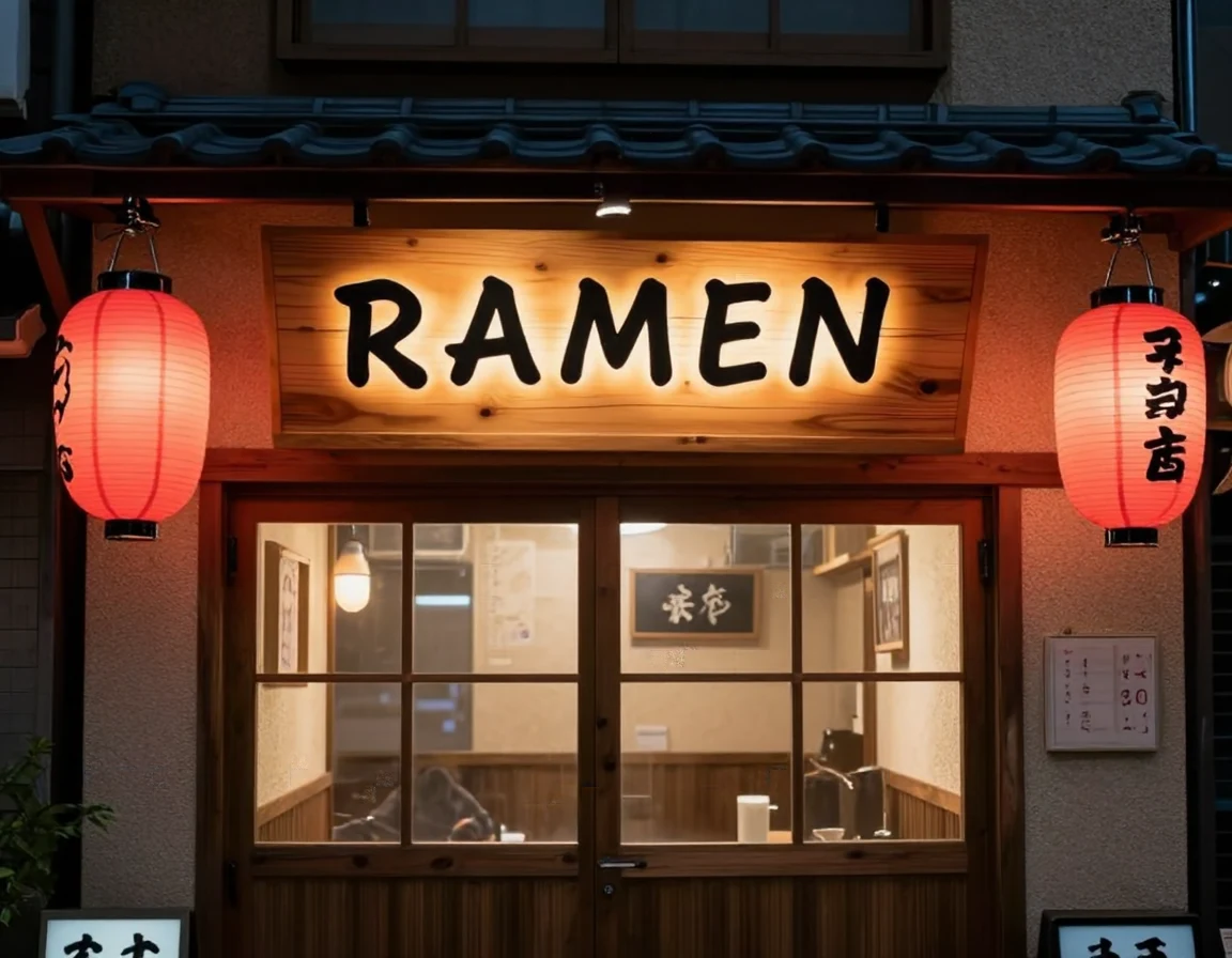 A wooden sign above a small Japanese ramen shop that reads "RAMEN" with red lanterns hanging on both sides, night