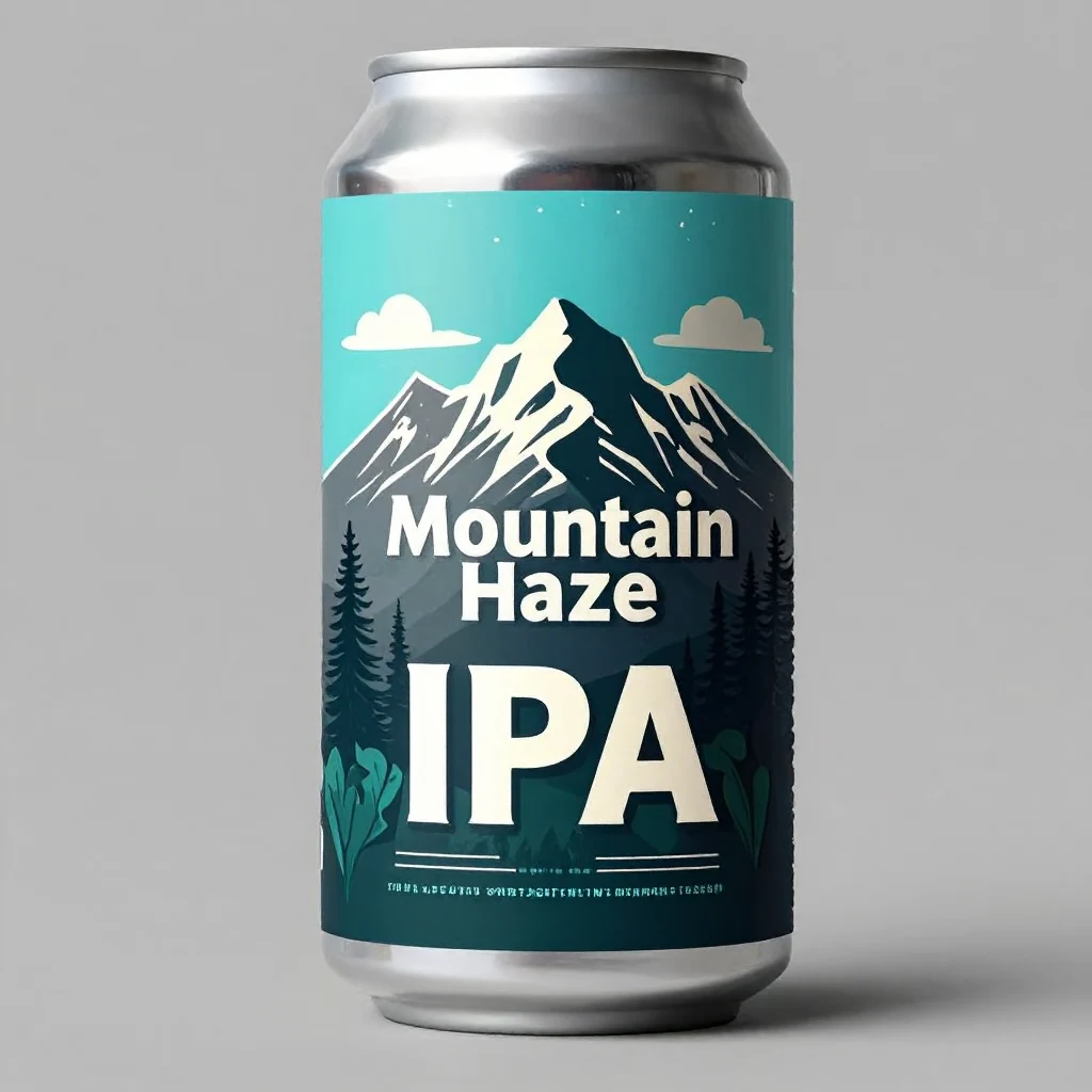 A craft beer can label design that says "Mountain Haze IPA" with an illustrated mountain landscape, modern packaging